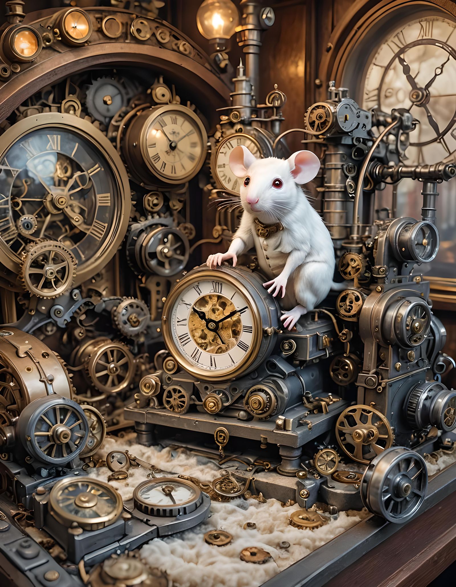 Albino Clockwork Mouse Diorama with Steampunk Engine