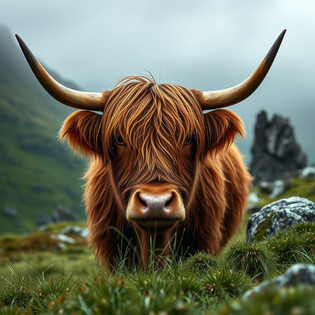 photo realistic close up of a Highland Cow in its natural ha...
