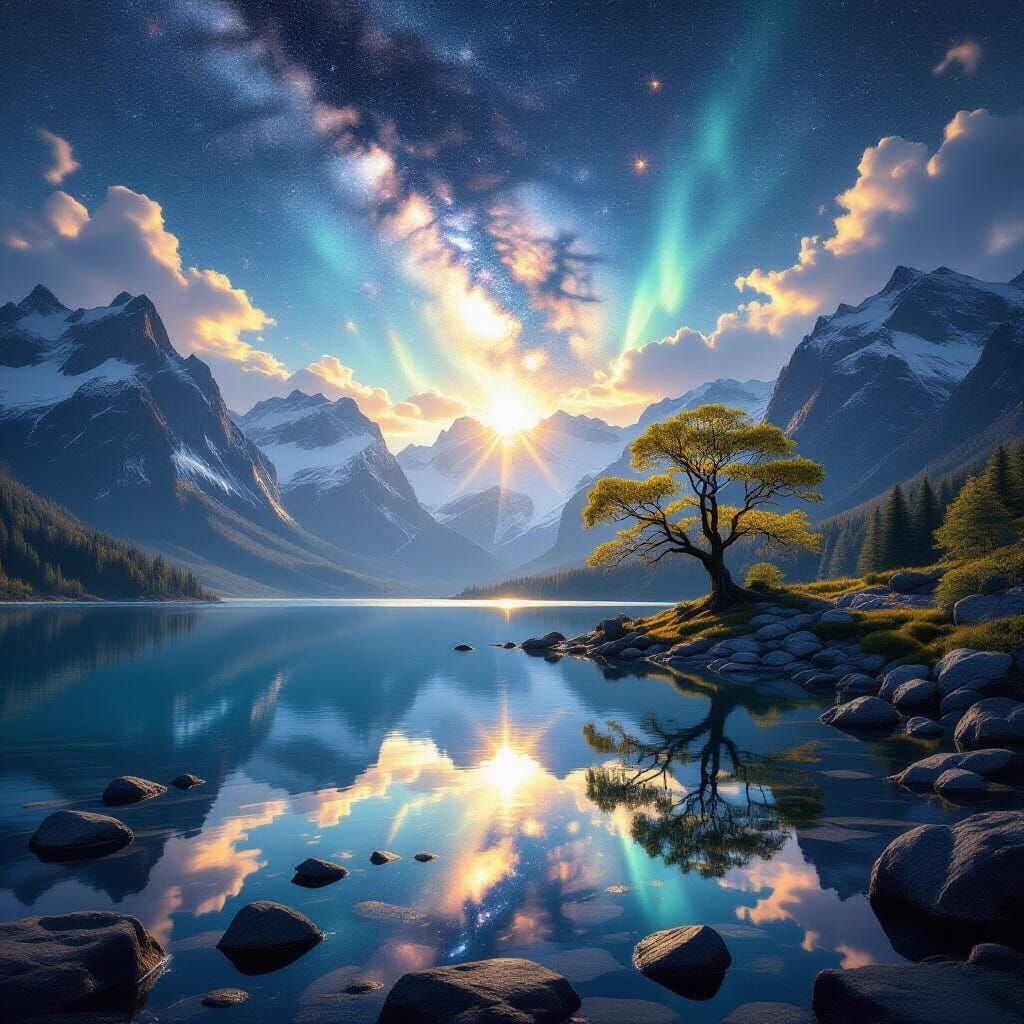 Cosmic Lake Landscape with Luminous Tree