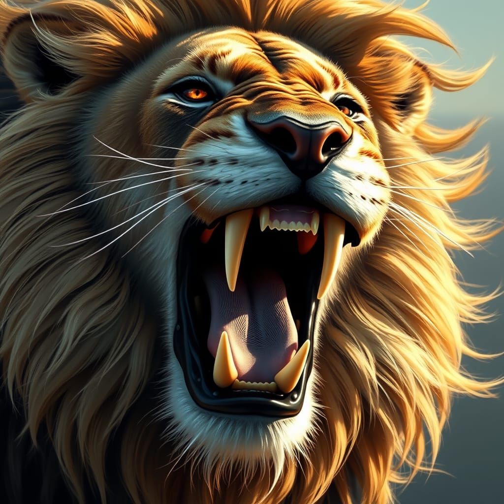 (3 likes) - Digital painting. Close-up. A majestic lion roars, its mane flowing in the wind, its eyes burning with inten...