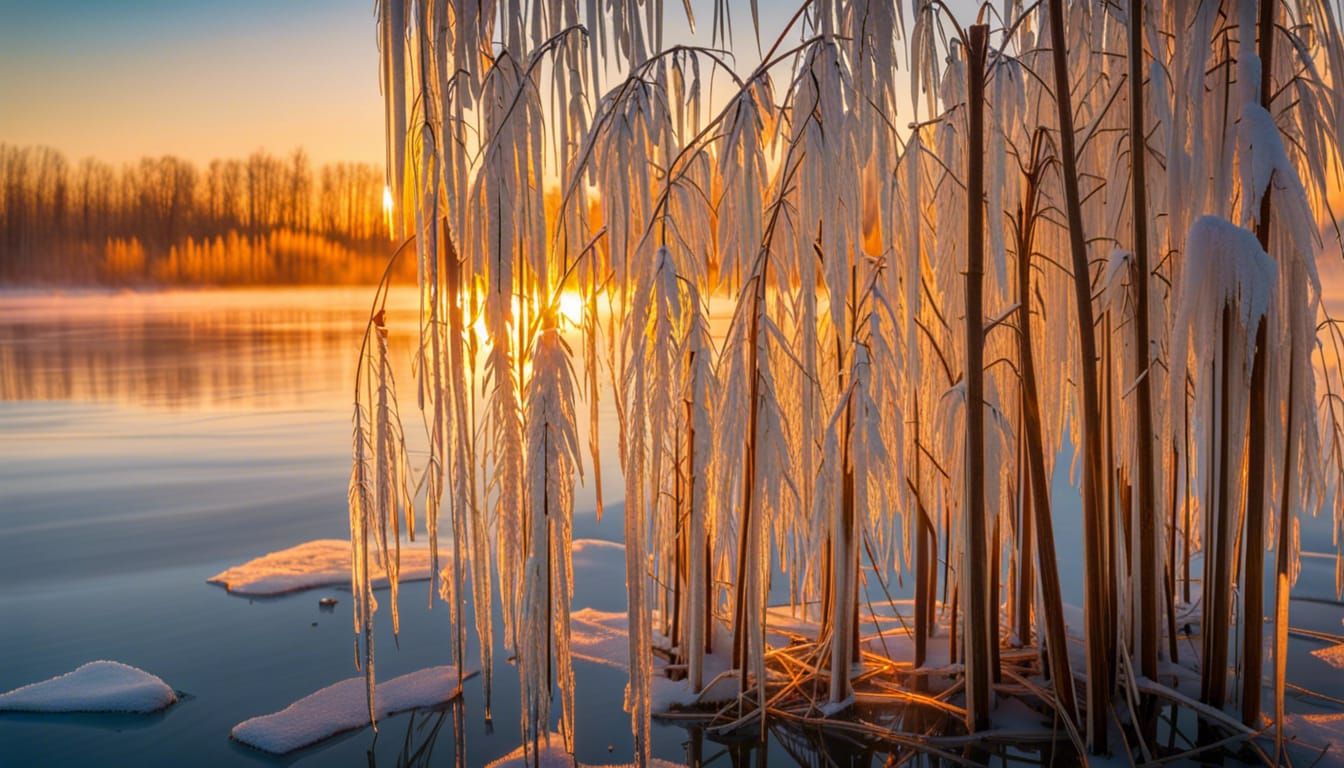 Ice Willow Tree Aglow on Frozen Lake