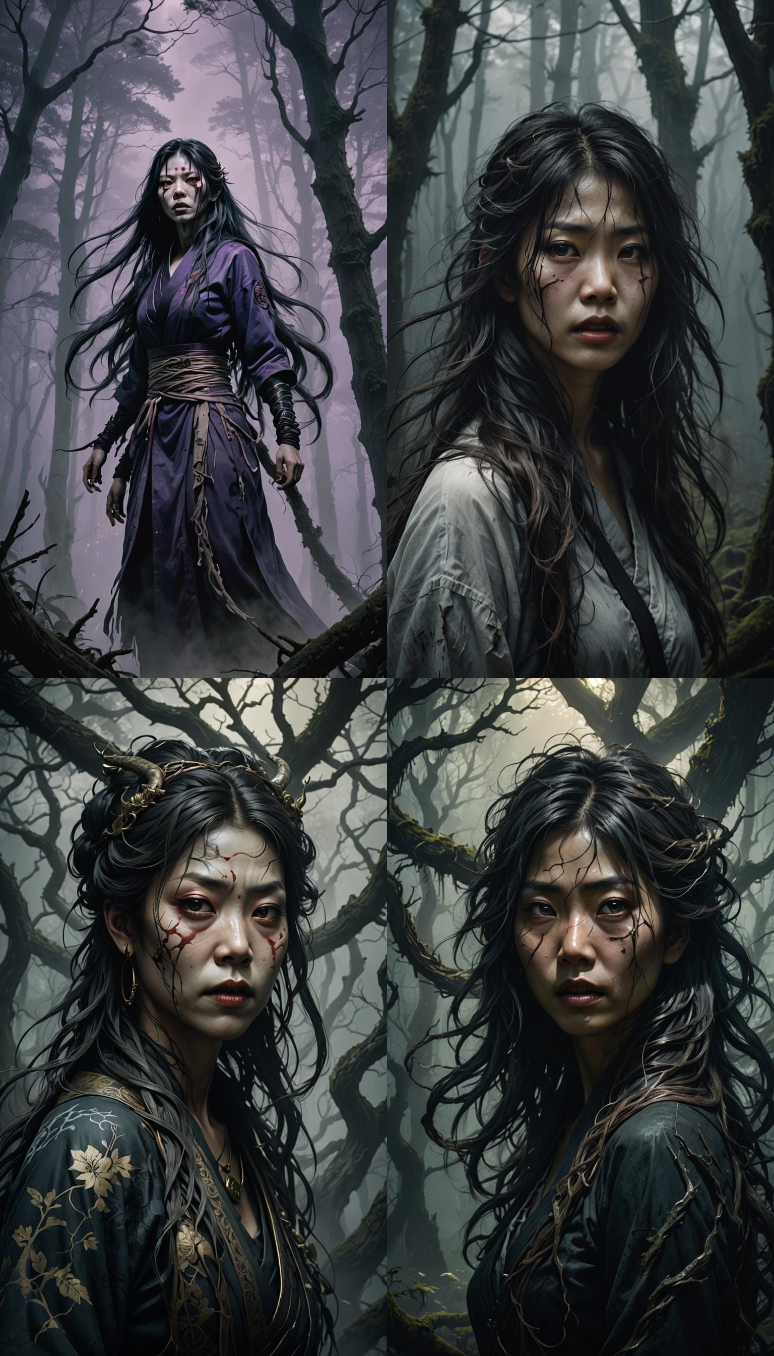 Futakuchi-onna in Dark Forest, Dark Fantasy Art