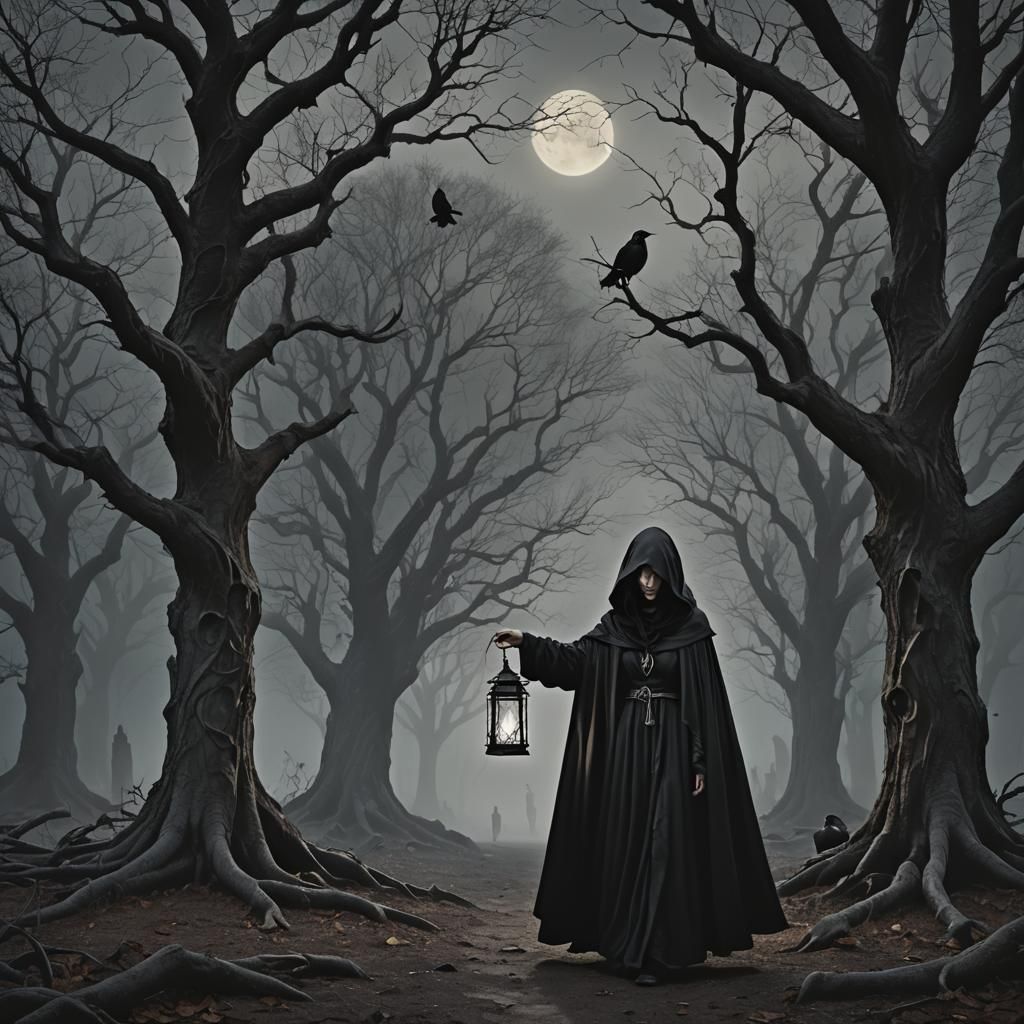 Eerie Woman Wandering in Dark Forest