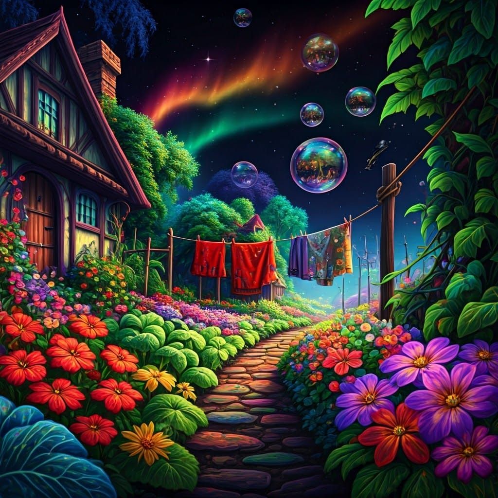 Vibrant Neon Garden Under Aurora Sky