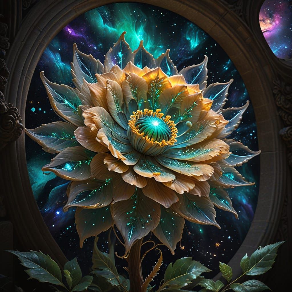 Colossal ROMANESQUE flower unfurling in deep space void, (cr...