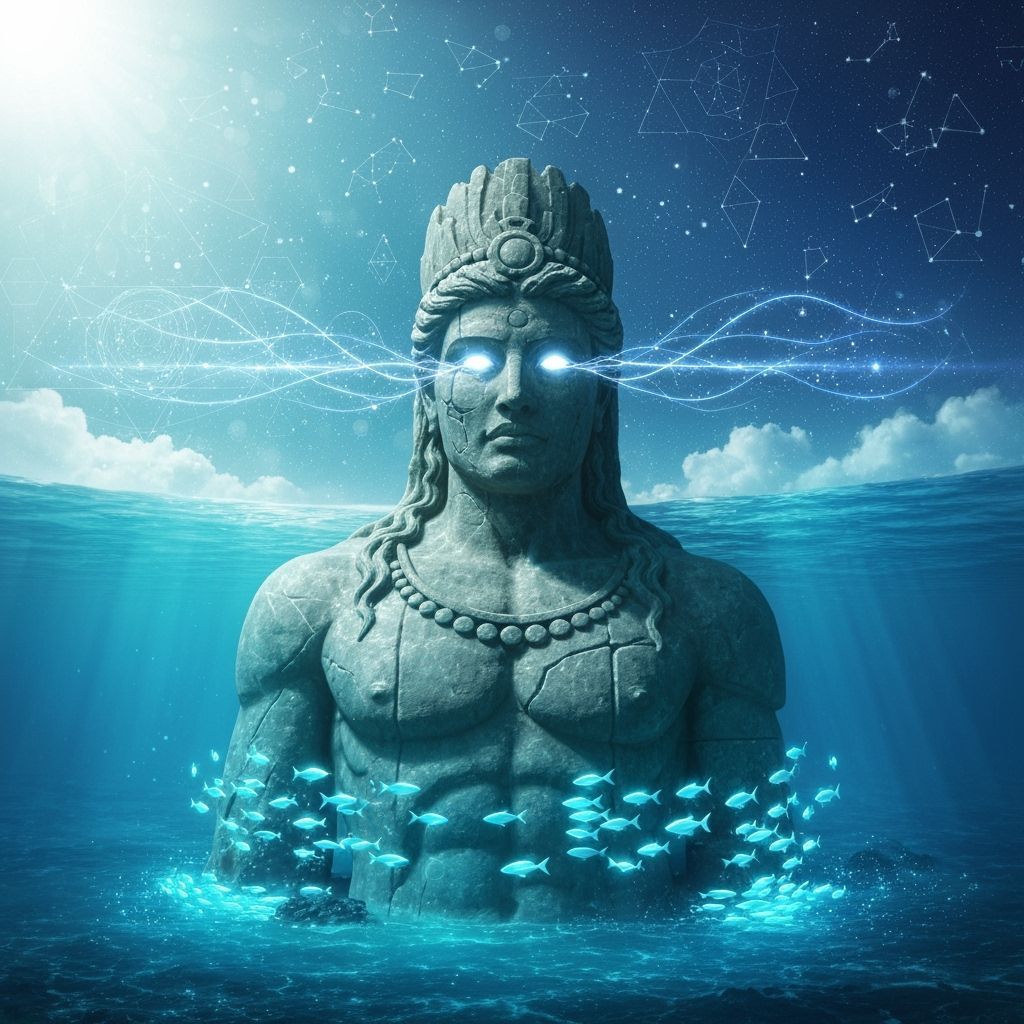 Colossal Ancient Statue in Surreal Cosmic Ocean