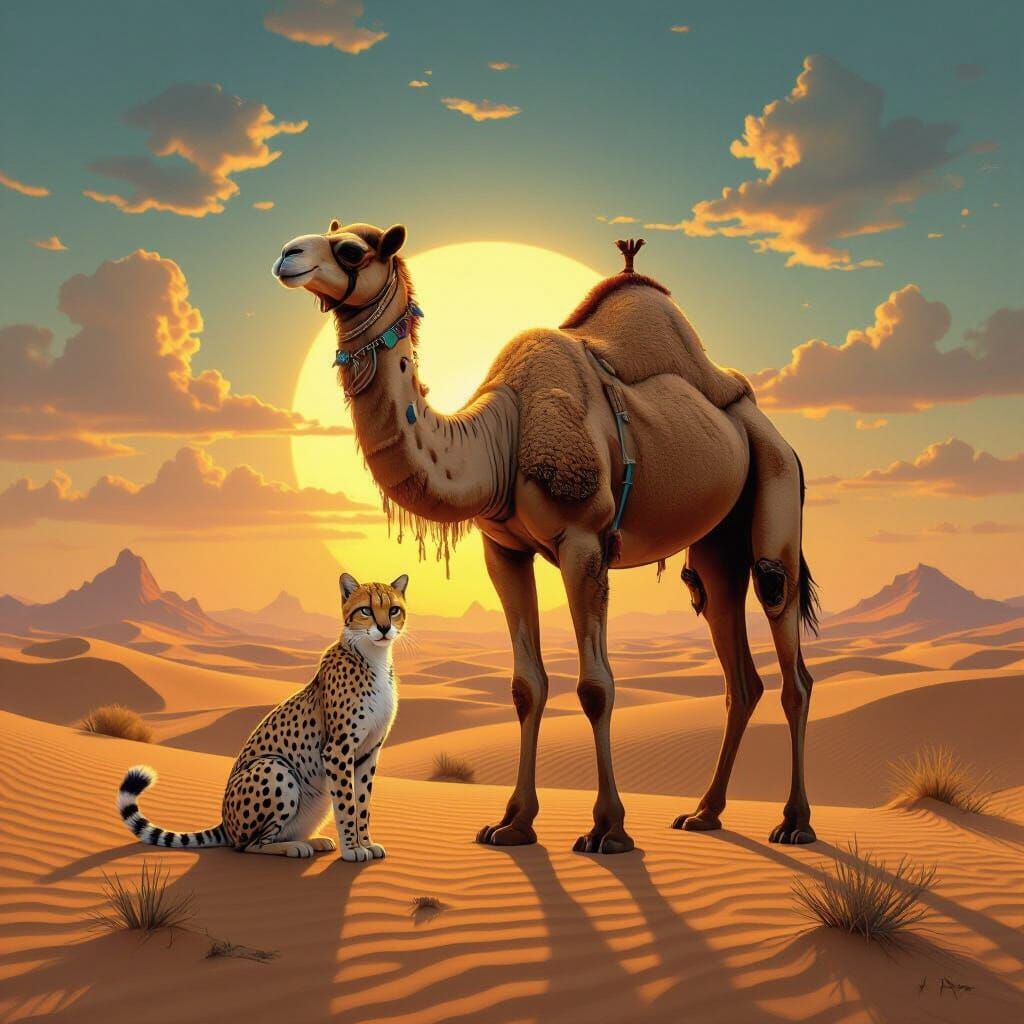 Fantastical Cat-Camel Hybrid in Surreal Desert