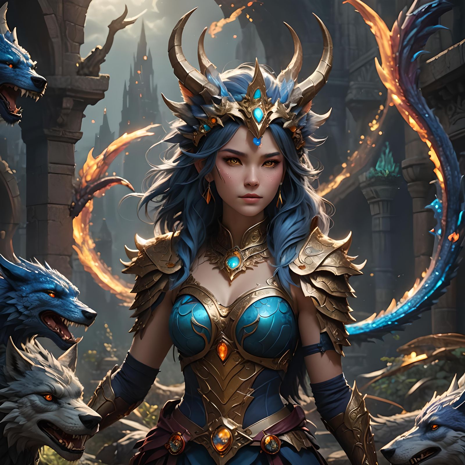 Fantasy Female Wolf Humanoid with Dragon Features