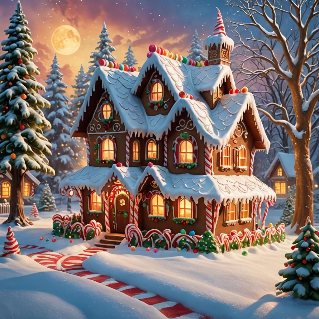 A fantastically detailed gingerbread house in a snowy winter wonderland, with candy cane trees and a gumdrop path.