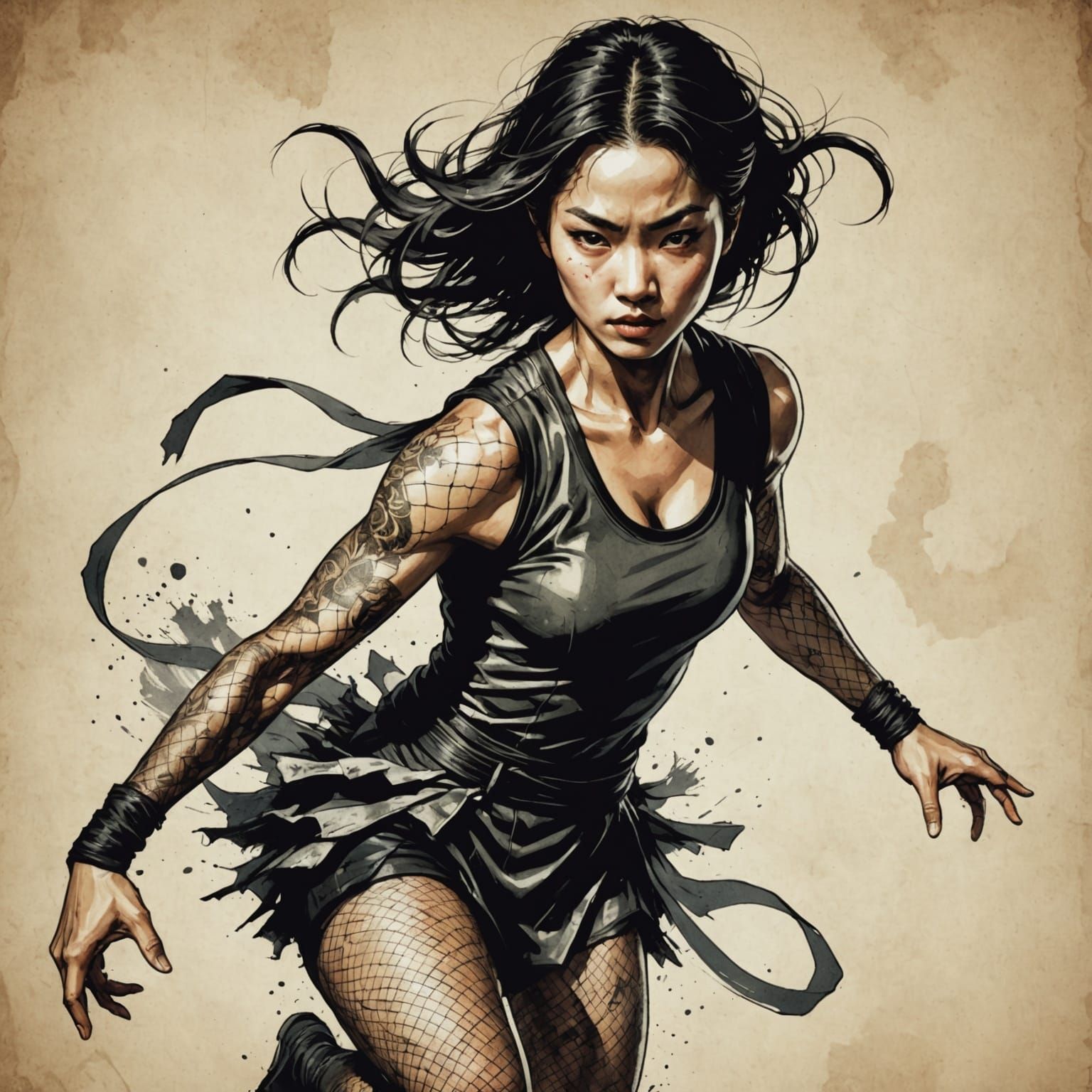 Kung Fu Dancer in Ripped Costume - Vintage Anime Ink Drawing