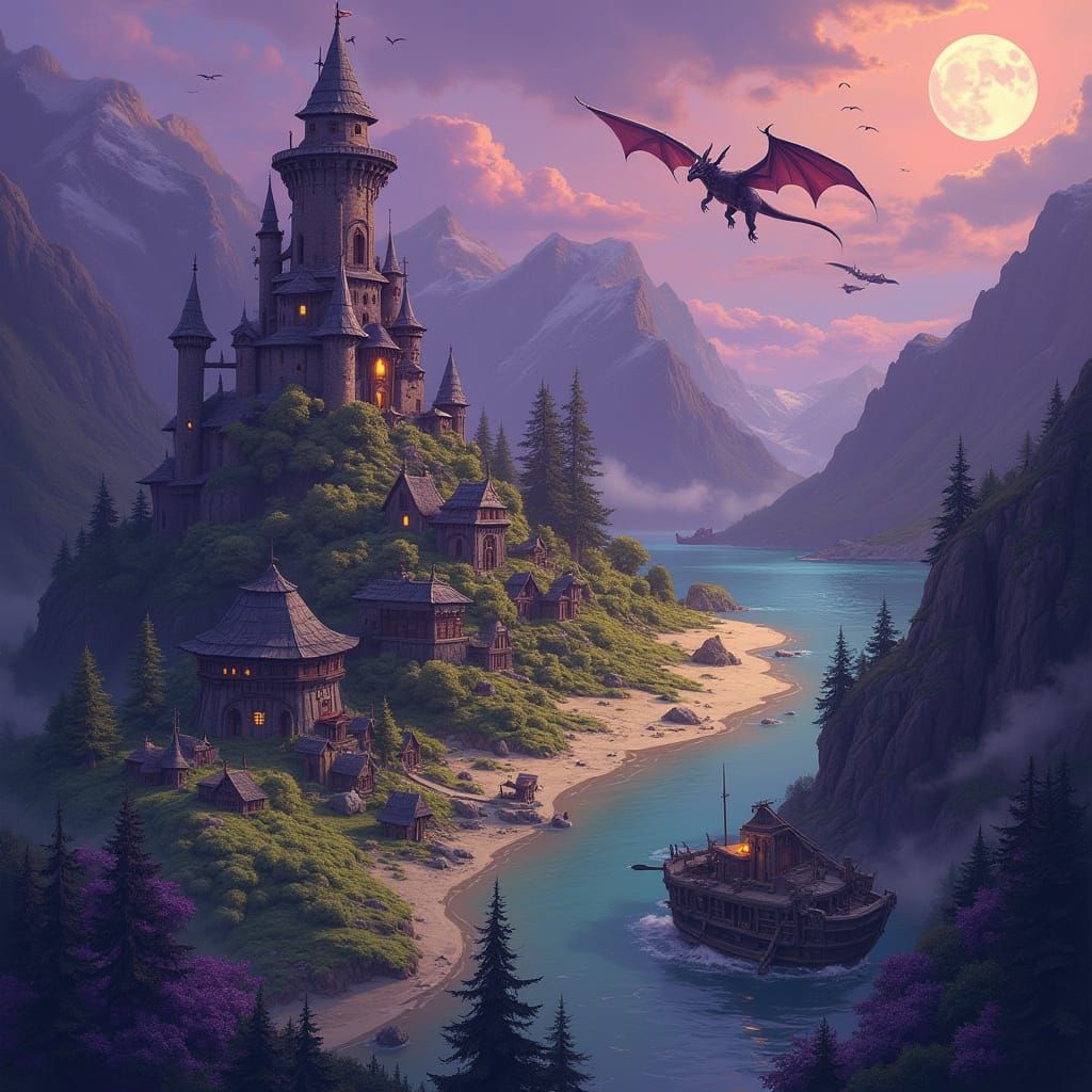 Detailed Fantasy Map in Dark Comic Style with Dragon