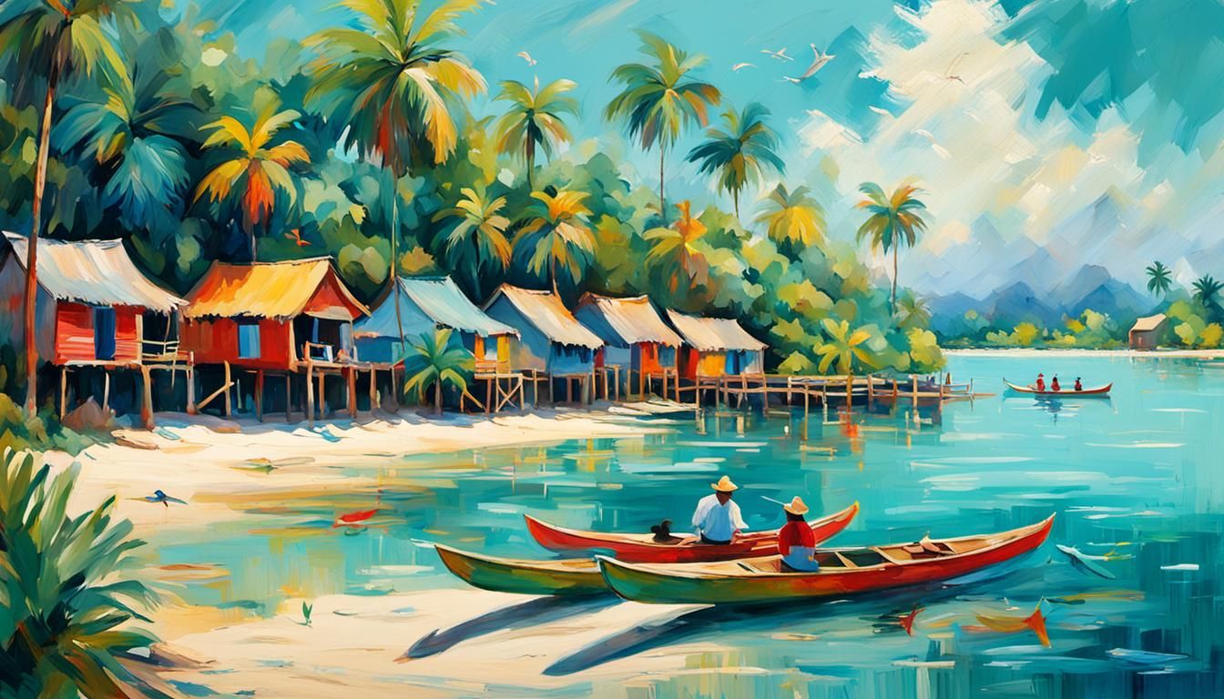 Tropical Village on Stilts in Impressionistic Style