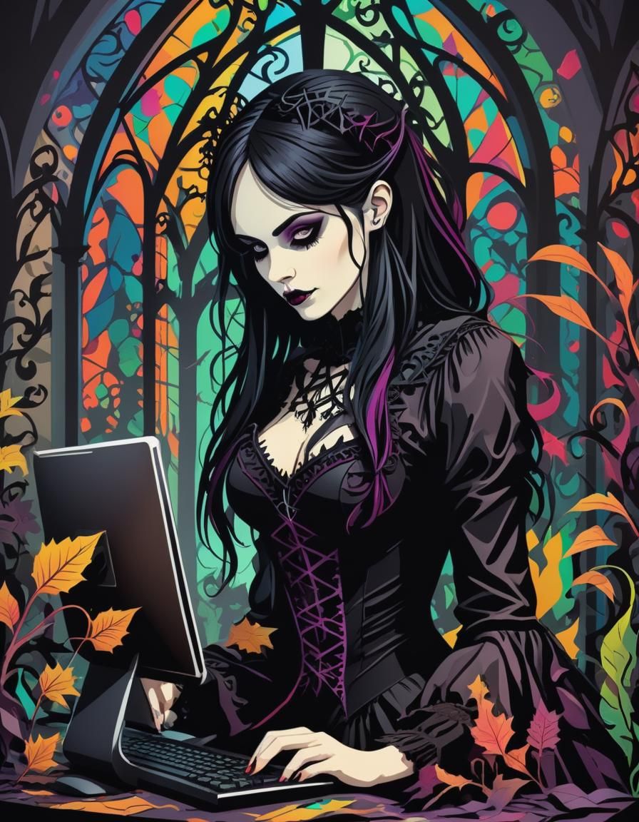 Most beautiful attractive Gothic working on her computer, wo...