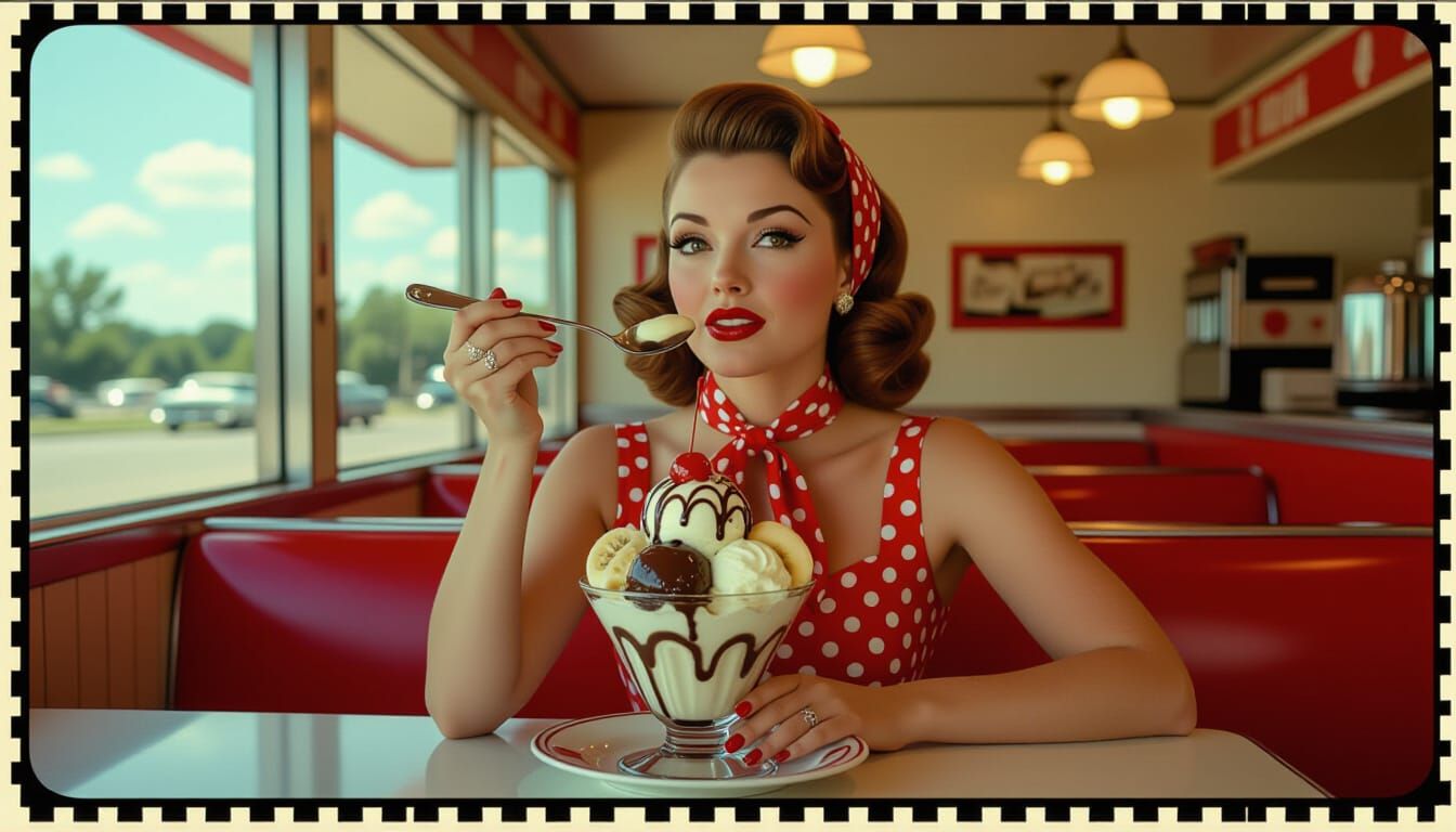 Rockabilly Woman with Banana Split in Diner