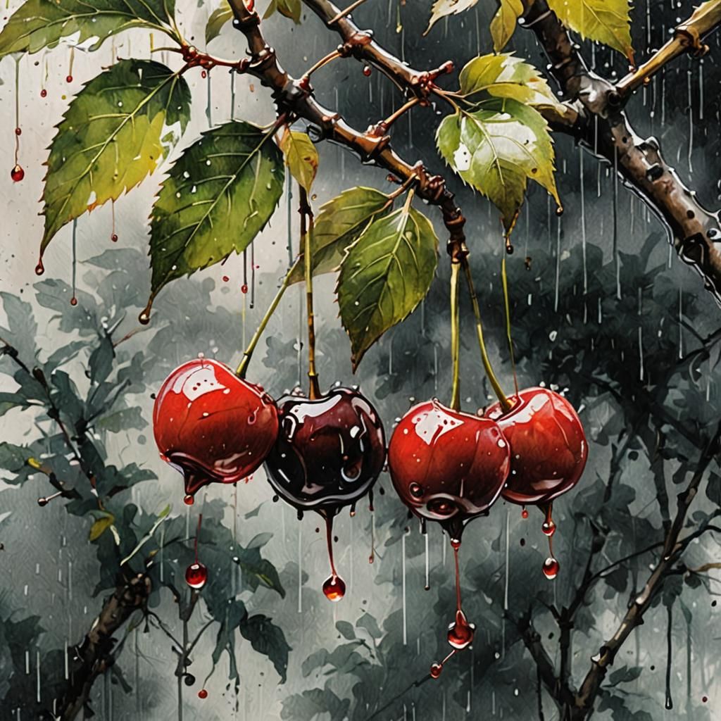 Cherries on Twig in Rain as Watercolor Painting