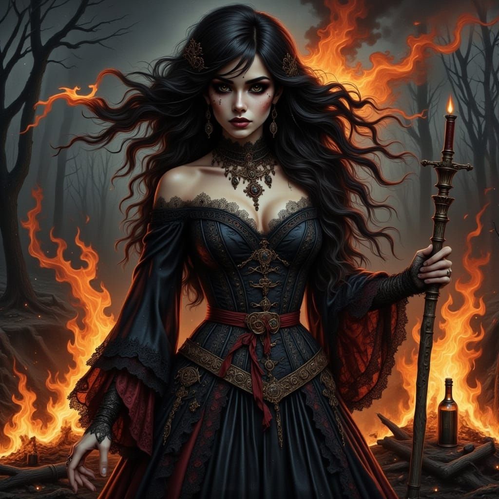 Gothic Witch Burning at Stake in Fiery Scene