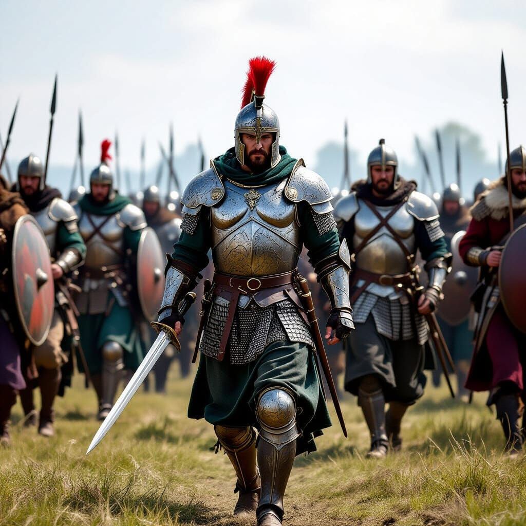 Warriors Marching Across Battlefield