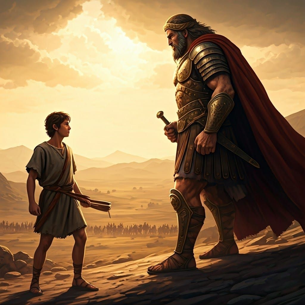 Young Shepherd Faces Giant Warrior in Ancient Sunlit Battlef...