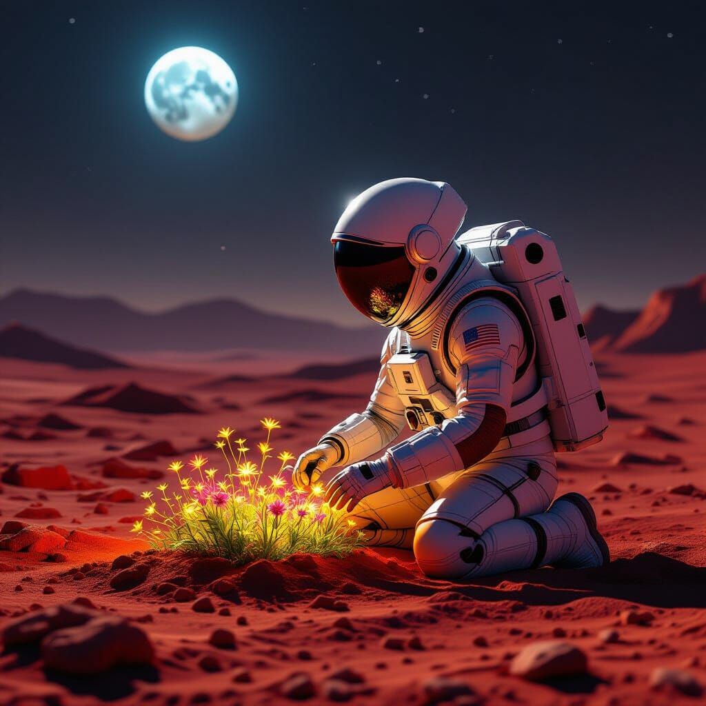 Astronaut Tends Bioluminescent Garden on Mars in Cinematic S...