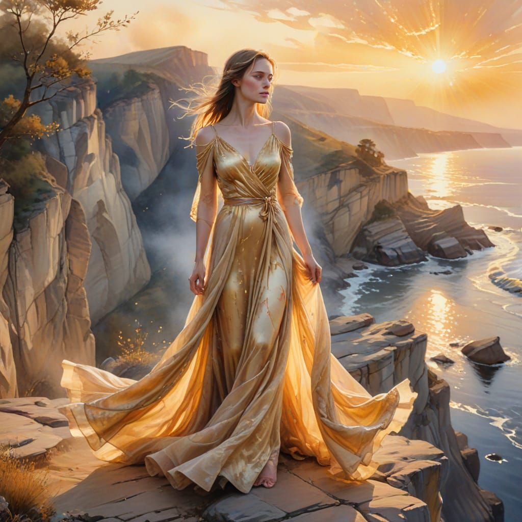 Woman on Precipice in Flowing Gown, Ethereal Watercolor