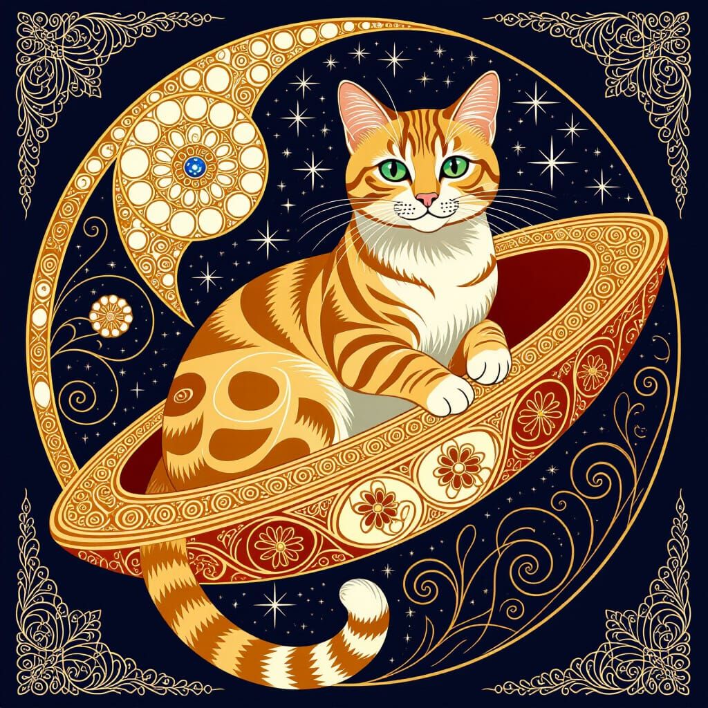 Diamond-Decorated Cats in Spaceship, Klimt Gold Watercolor