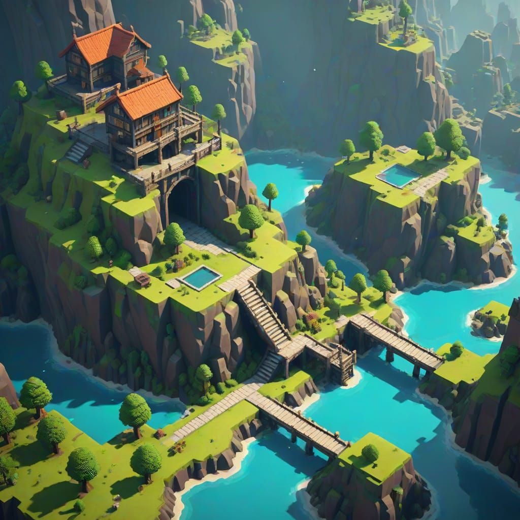 Surreal Low-Poly 3D Pixel Art Fantasy World