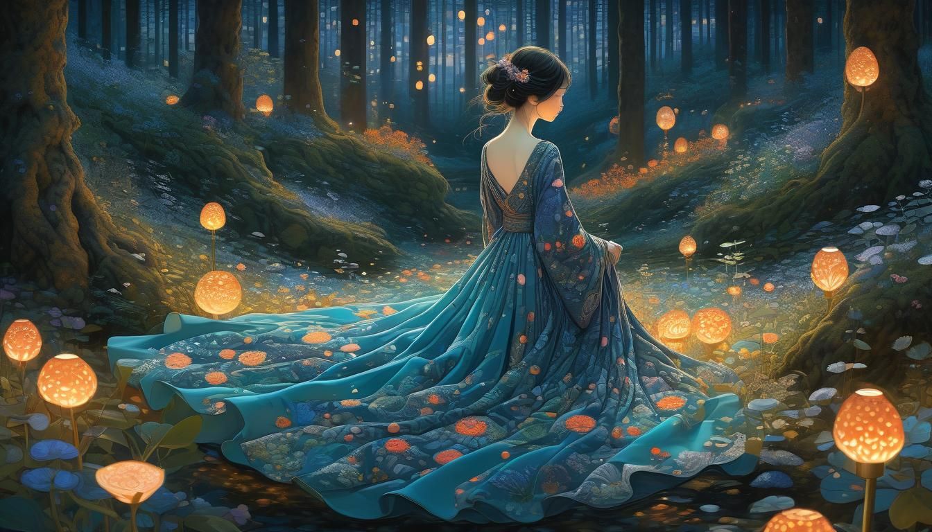 Sunset Woman in Enchanted Forest, Magical Realism