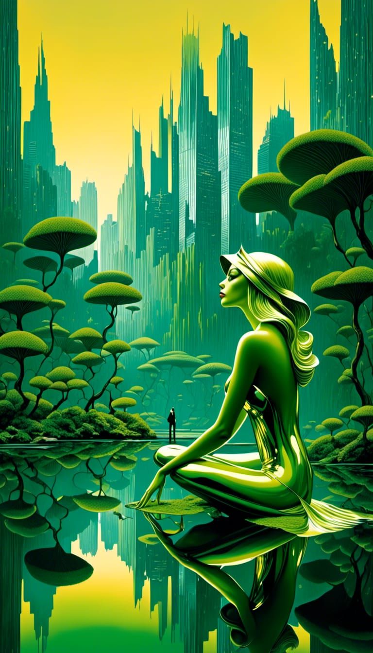 Green Frog Woman in Glass Cityscape