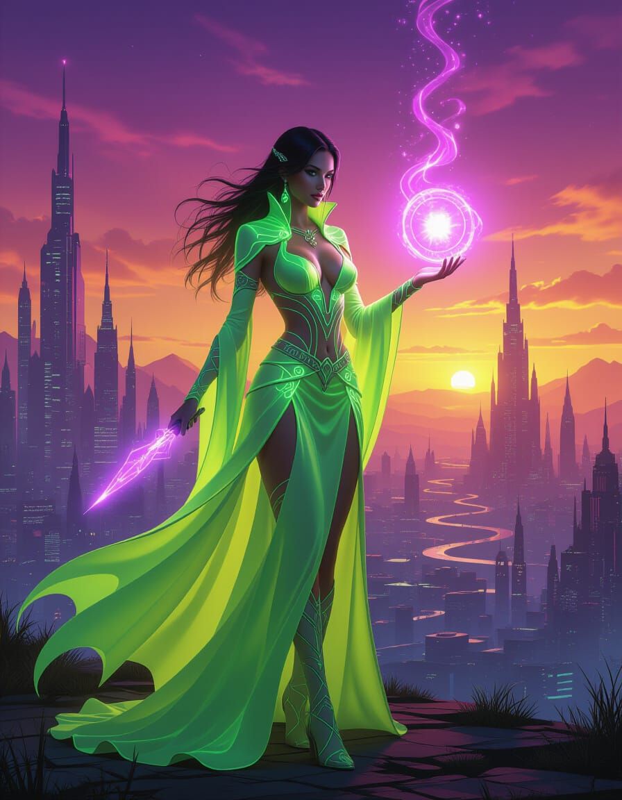Luminescent Sorceress in Cyberpunk Cityscape