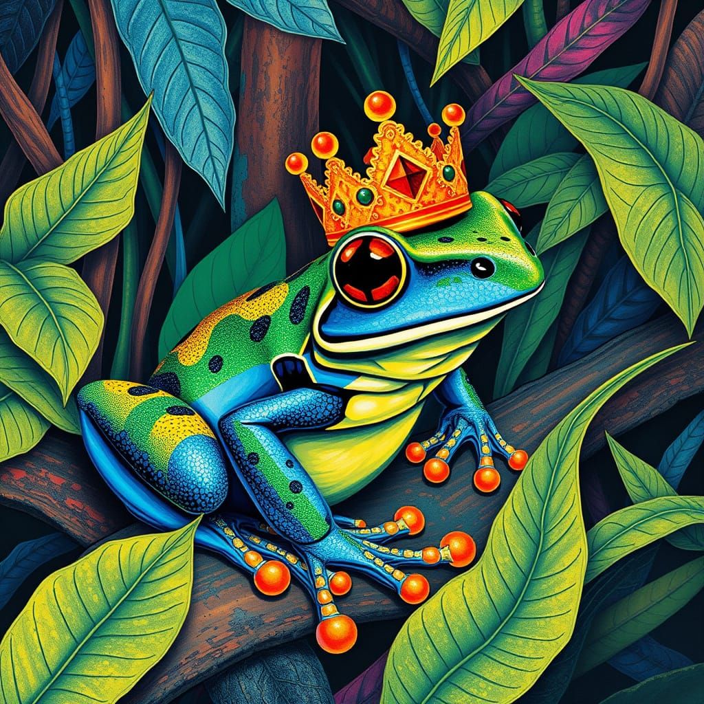 Crowned Frog in Jungle, Impressionist Style