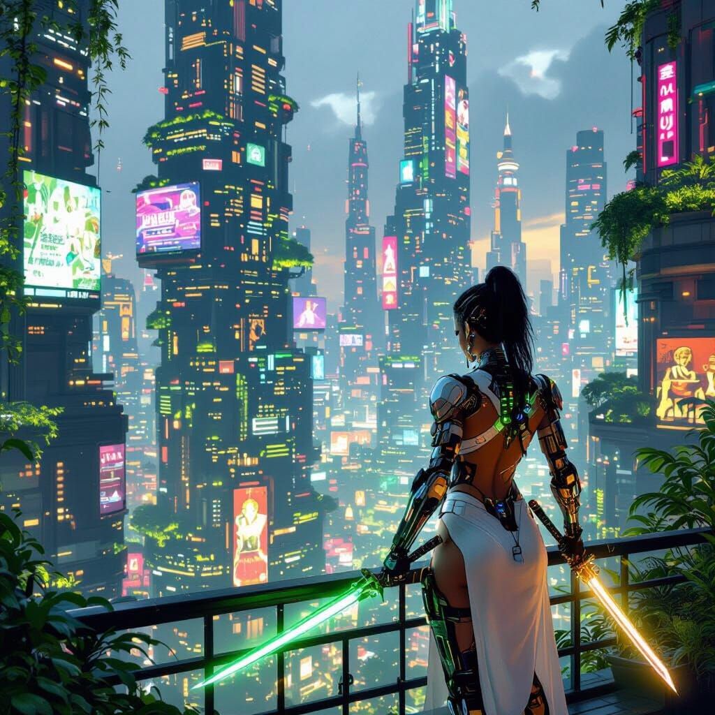 Cyberpunk Solarpunk City with Warrior and Neon Lights