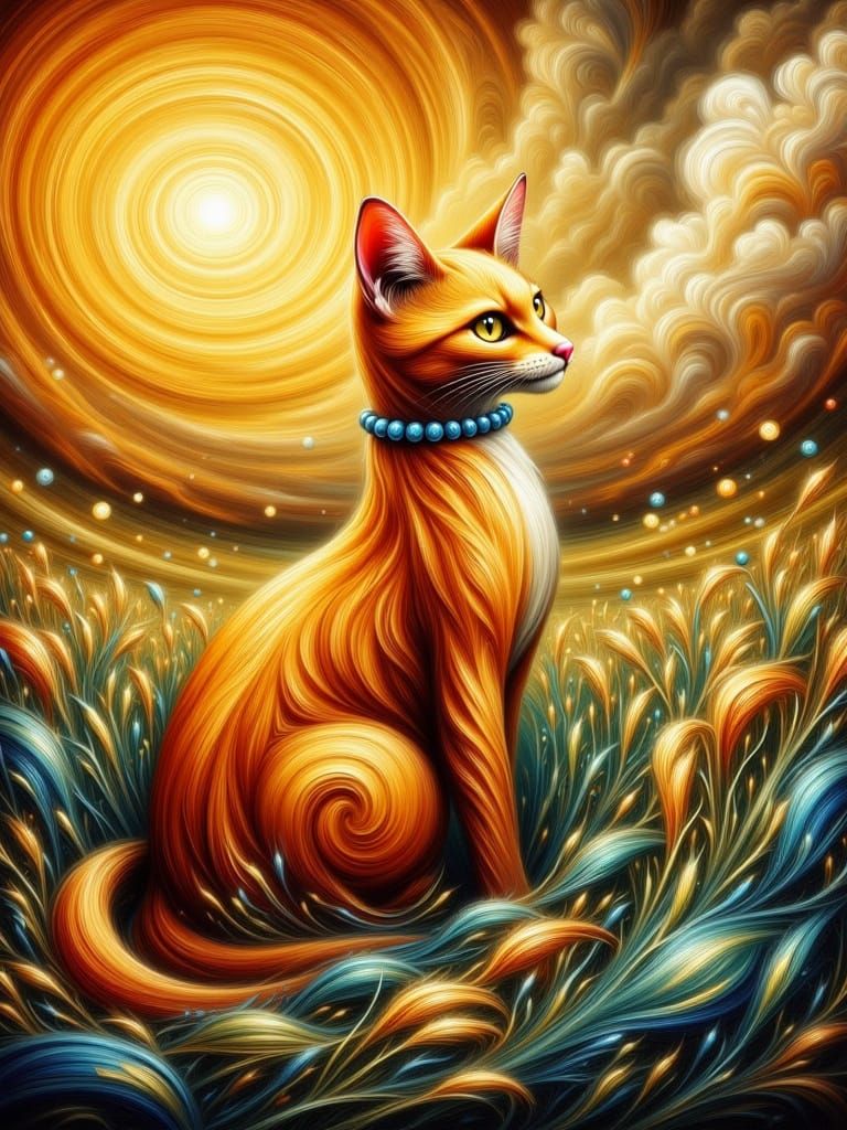 Surreal Cat in Wheat Field Oil Painting