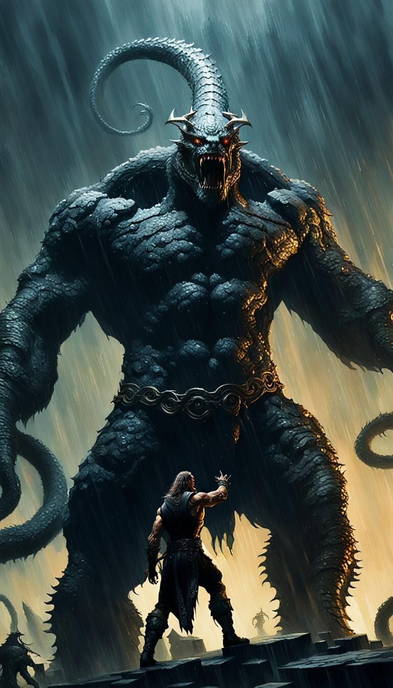 Epic Battle: Warrior Faces Jörmungandr in Dark Fantasy