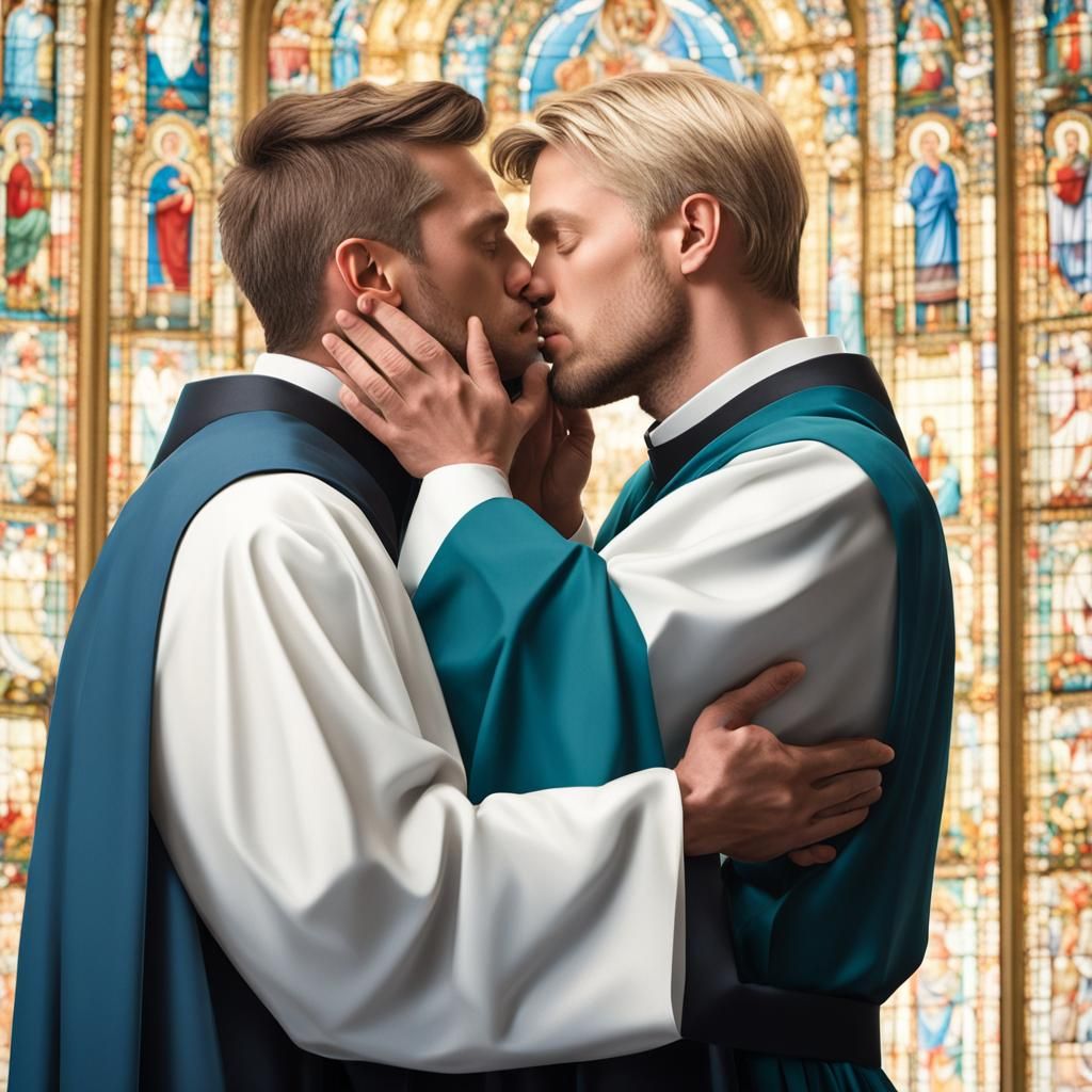 Passionate Kiss: Hyperrealistic Image of Priest and Man