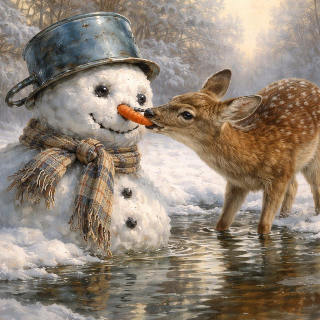 Fawn Steals Carrot Nose from Snowman in Realistic Oil Painti...