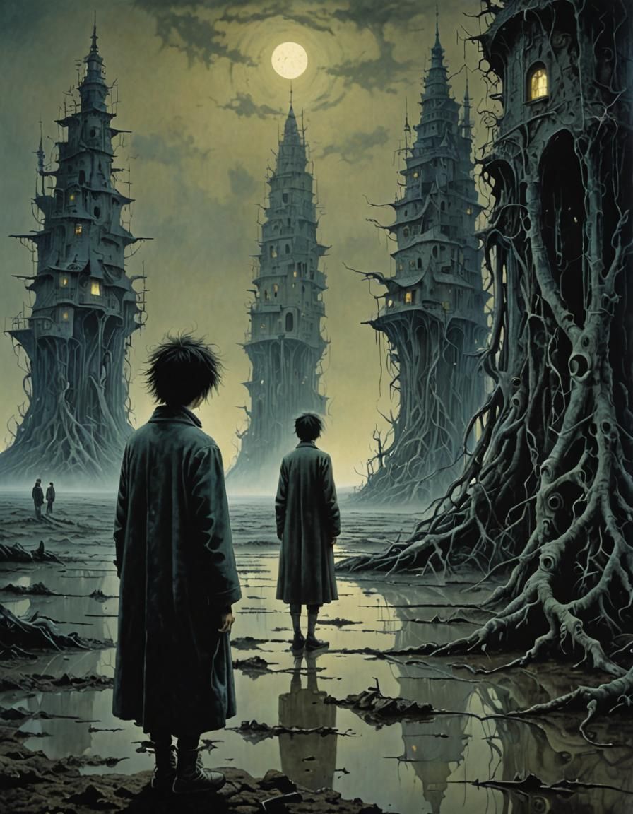 Surreal Dark Fantasy: Weathered Tower Guardians