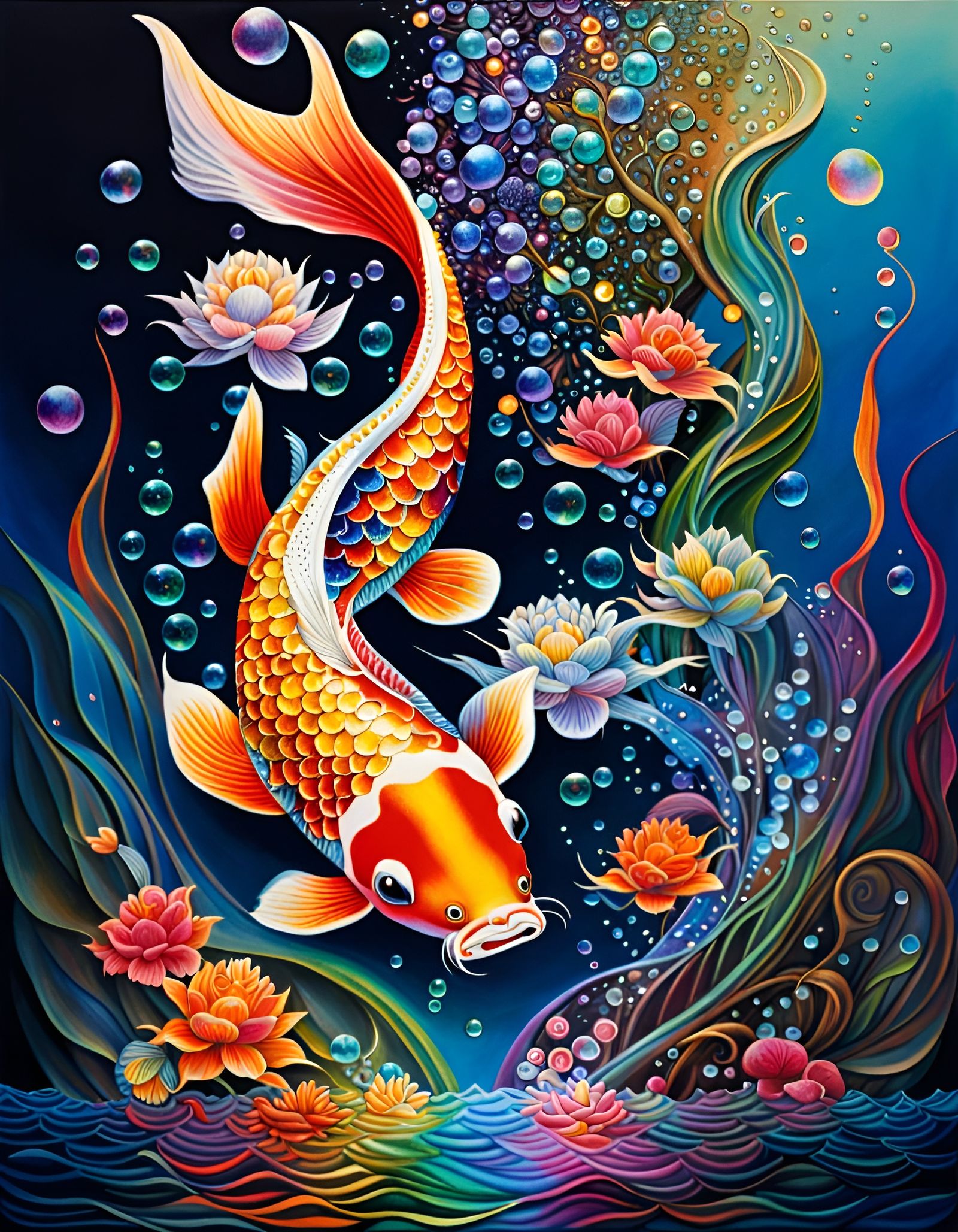 Rainbow Koi Fish in Dark Water with Bubbles
