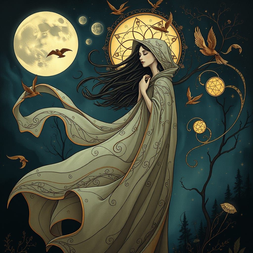 Girl Sings with Omens and East Wind in Art Nouveau Style