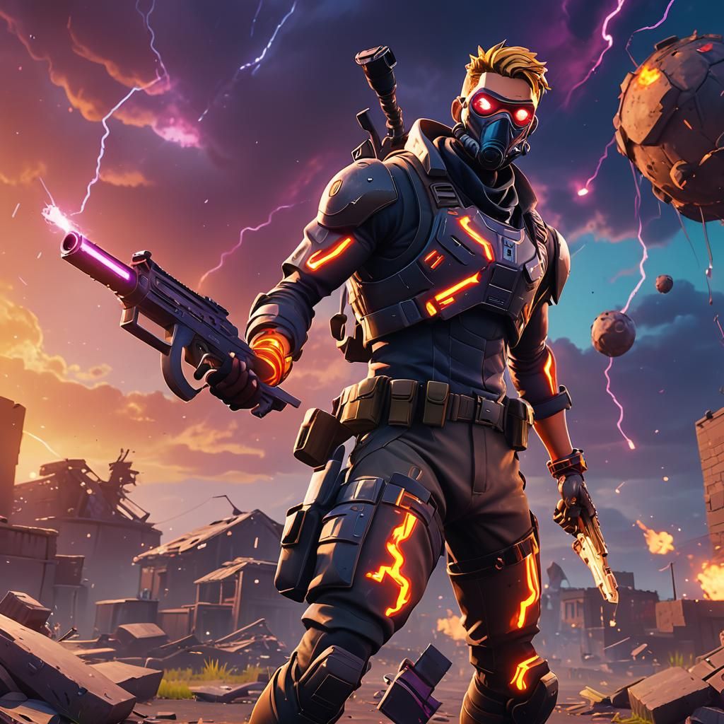 Fortnite Character in War-Torn Anime Environment