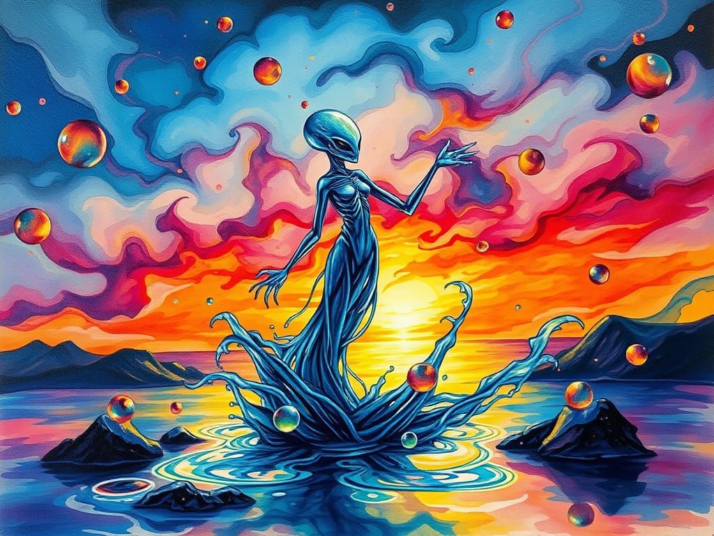 Dancing Water Alien in Alcohol Ink Style