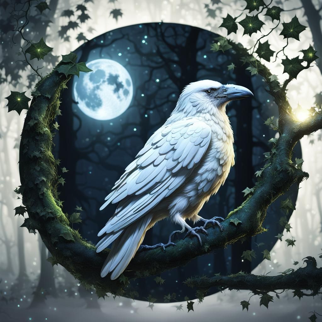White Raven in Moonlit Forest: Fantasy Concept Art