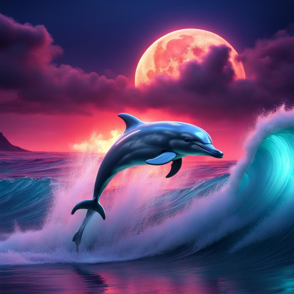 Dolphin Leaping Over Neon Wave in Detailed Matte Painting