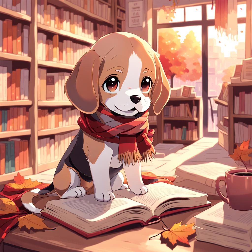 Beagle Puppy in Cozy Book Shop as Anime Art