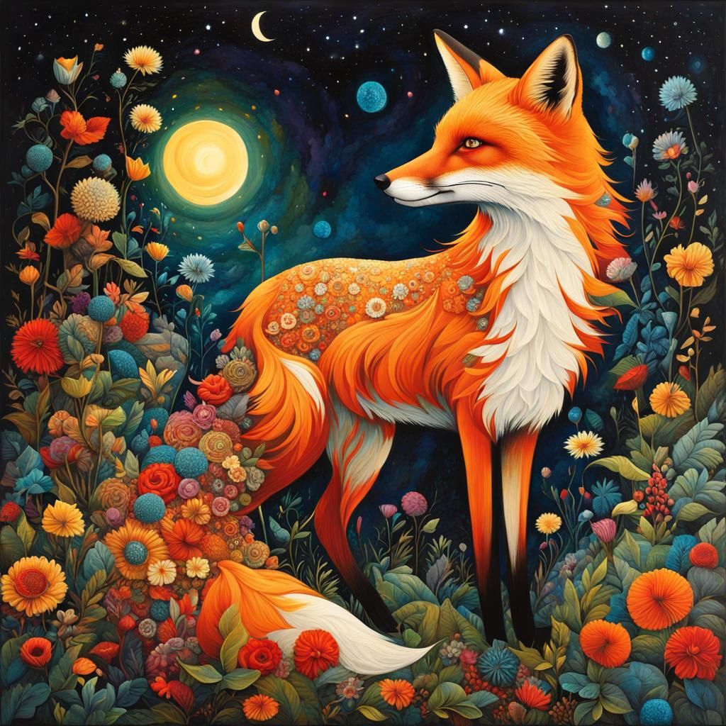 Graceful Fox in Floral Fantasy Collage