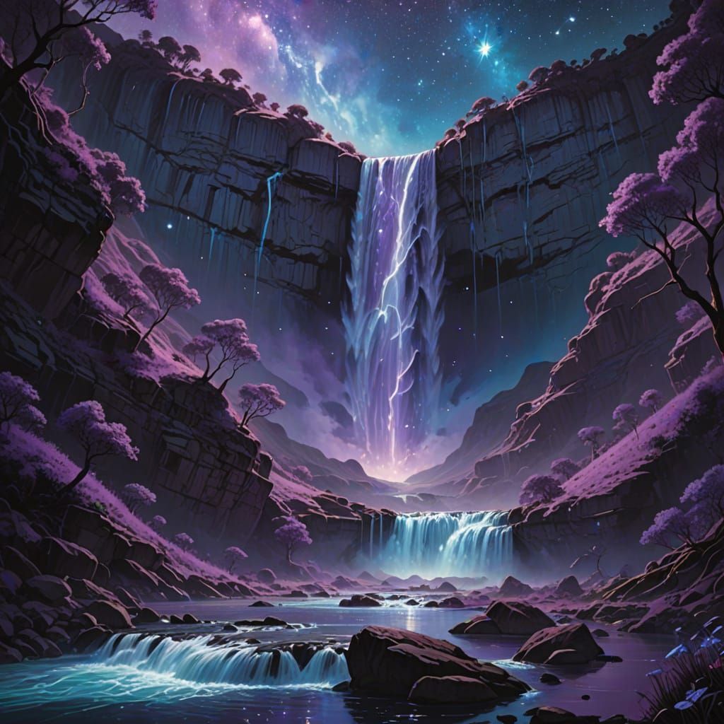 Cosmic Waterfall with Winged Creatures in Stardust Valley