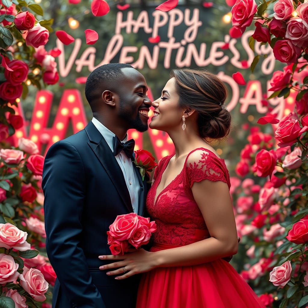 Joyful Interracial Couple Kisses in Vibrant Rose Garden