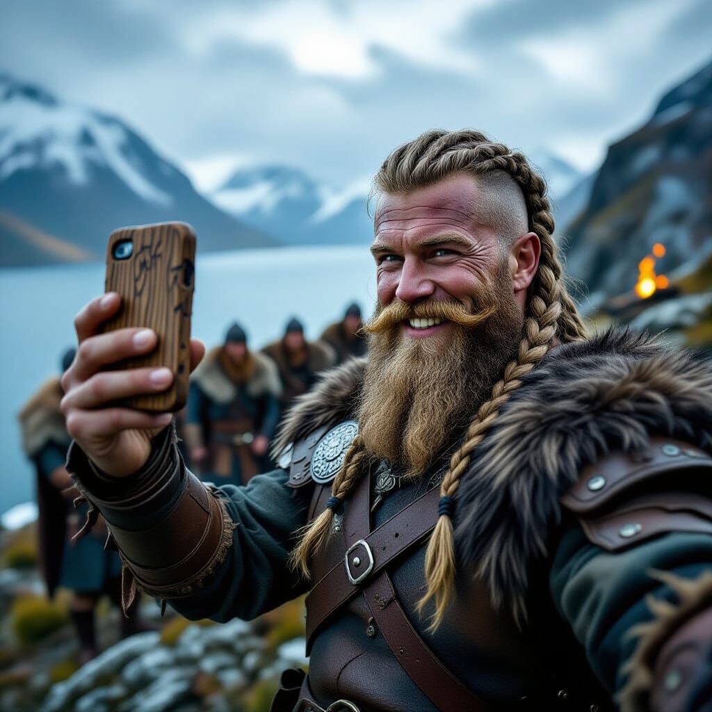 Viking Takes Selfie on Windswept Cliff in Cinematic Style
