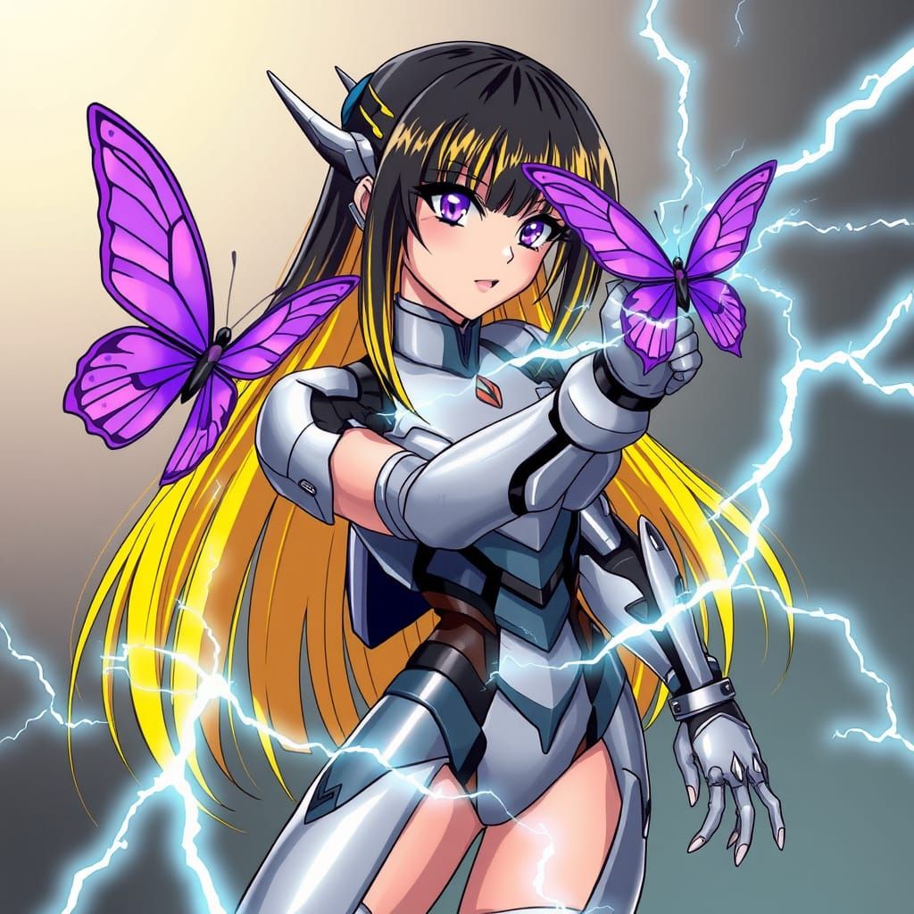 Anime Girl Villain in Metallic Mech Suit, Controlled by Purp...