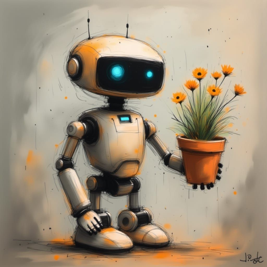 Cute Robot Holding a Flowerpot