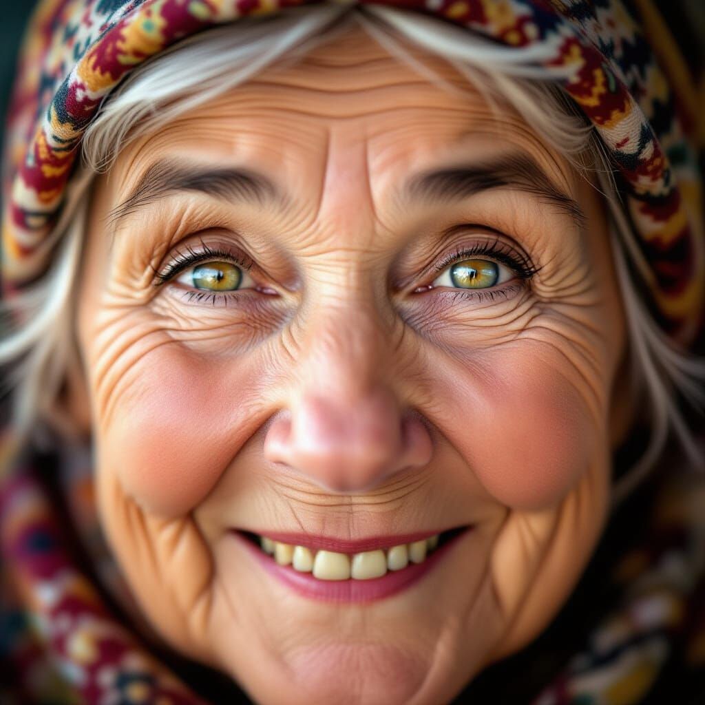 Ultra Realistic Close-Up of Smiling Russian Babushka's Eyes